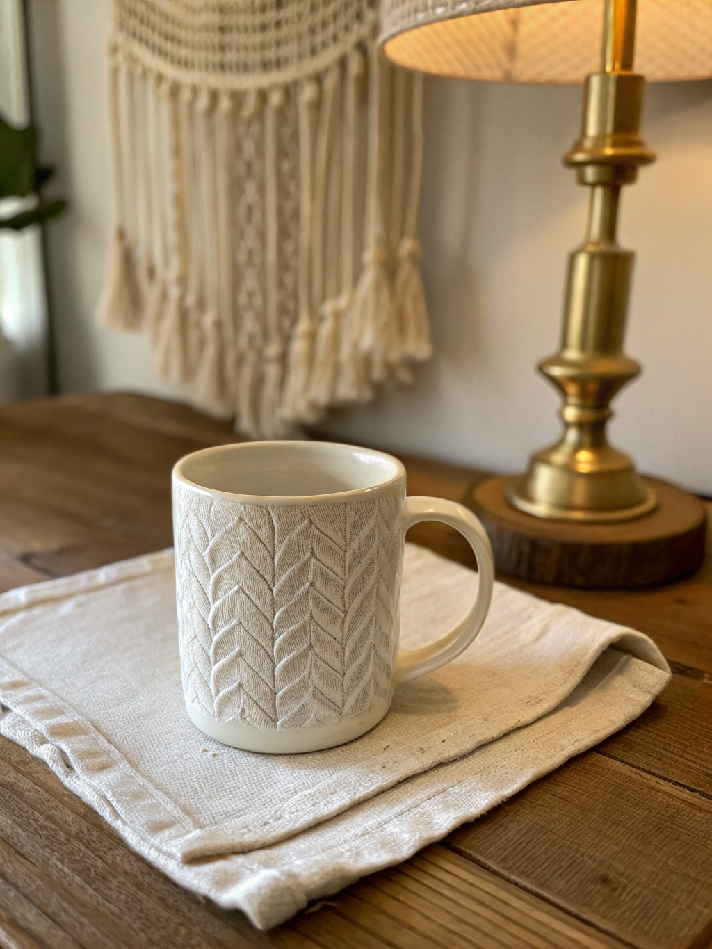 Enamel coffee mug resting on the dashboard