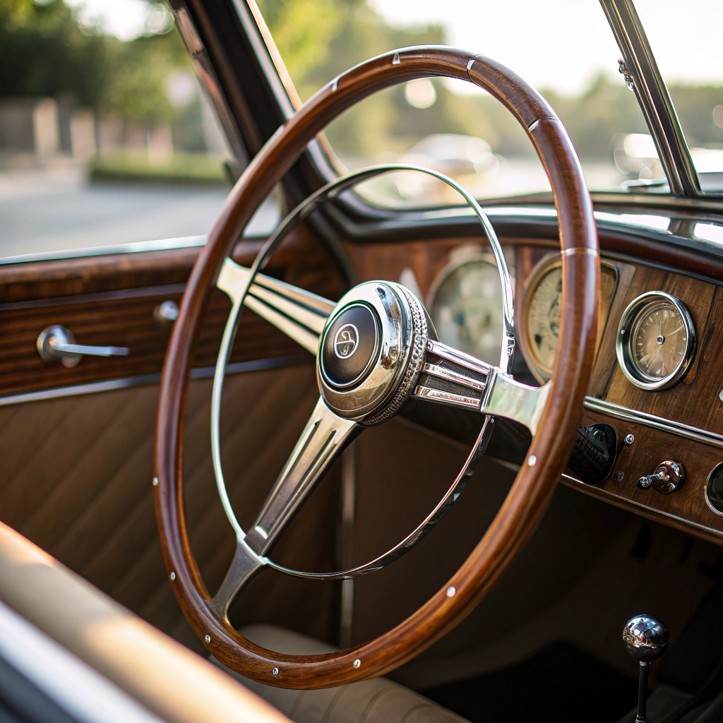 Vintage RV steering wheel with morning light