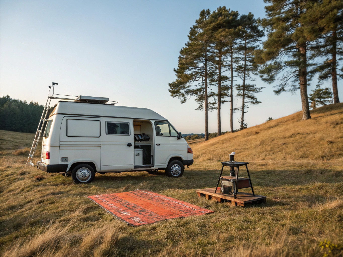 RV parked in a secluded forest clearing at dusk